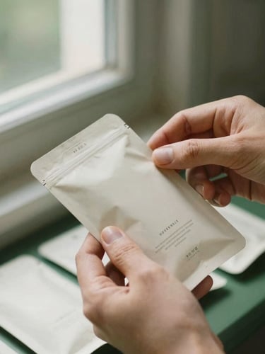 Close-up of hands carefully inspecting clean, minimalist botanical product packaging, with soft natural window light casting gentle shadows, deep forest green and cream tones, shallow depth of field, 35mm