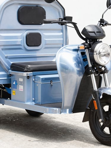 A close-up of a modern electric three-wheeler cargo rickshaw parked in bright daylight, showing the detailed battery bay and sturdy wheels, sharp focus.