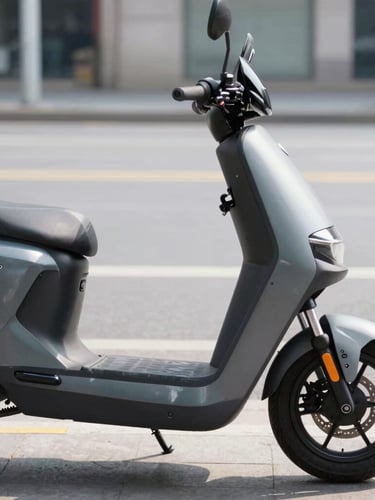 Side profile of a modern matte gray electric scooter parked on a clean urban street, bright morning daylight, sharp focus on the battery bay.