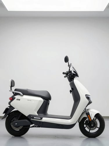 Eye-level three-quarter profile of a sleek electric scooter parked in a bright, modern showroom, clean white studio lighting, neutral background, crisp details.