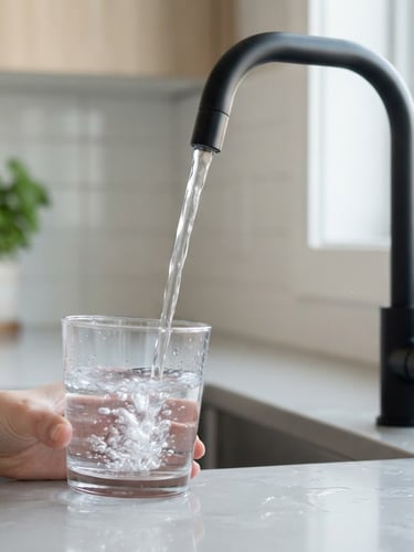 Close-up of clean, pure water pouring from a modern kitchen tap, bright editorial photography, soft natural daylight, minimalist kitchen setting, crisp details