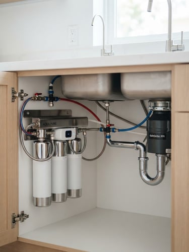 Close-up of a high-end water filtration system installed under a clean kitchen sink, bright natural daylight, shallow depth of field, minimalist home environment