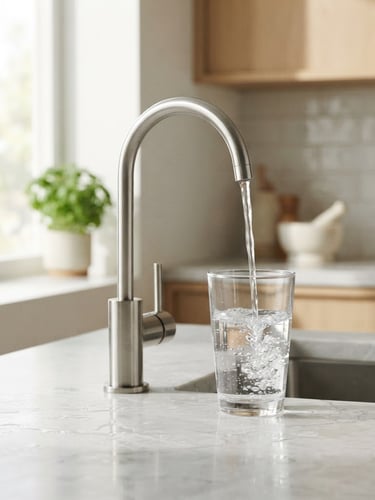 Bright editorial photography of a modern, minimalist kitchen with natural light, focusing on a high-end water filtration faucet with a glass of crystal-clear water being filled, shallow depth of field, crisp details