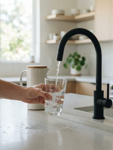 Bright editorial photography of a clean minimalist kitchen with soft natural daylight, a glass of water being filled from a modern matte black faucet, shallow depth of field