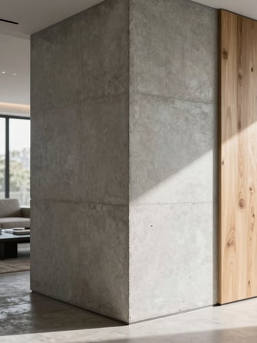 Straight-on architectural detail of a concrete-to-timber transition in a modern luxury living room, sharp natural light, flawless craftsmanship