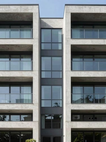 Symmetrical architectural shot of a modern concrete and glass residence facade, crisp natural daylight, clean lines, high-end finishes.
