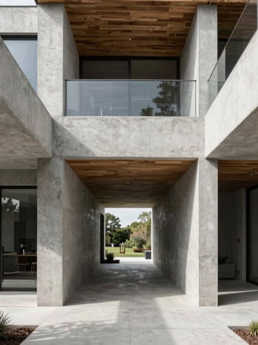 Symmetrical straight-on architectural shot of a modern high-end concrete and wood residential interior, bright natural daylight highlighting flawless material transitions, clean lines.