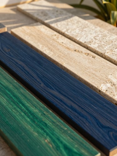 Close-up of high-end architectural materials, tropical hardwood and textured stone, warm natural lighting