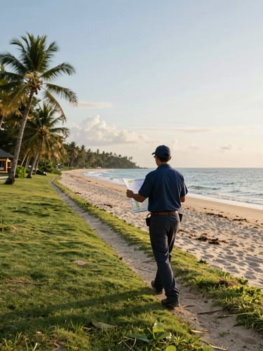 A professional land surveyor walking the boundary line of a pristine beachfront lot in Samal, holding a technical plot map, soft morning light.