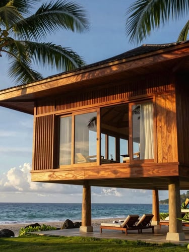 A close-up architectural shot of a modern tropical villa cantilevered over the Samal coastline, rich hardwood details, warm golden hour sun.