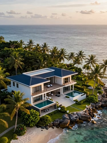 Elevated drone perspective of a modern tropical villa with clean architectural lines, nestled on a pristine Samal Island coastline, warm late-afternoon golden hour light reflecting off the Davao Gulf.