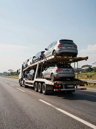 Wide shot of a white vehicle carrier trailer transporting multiple cars on an open highway in Brazil, natural daylight, low angle from the side, road receding into distance
