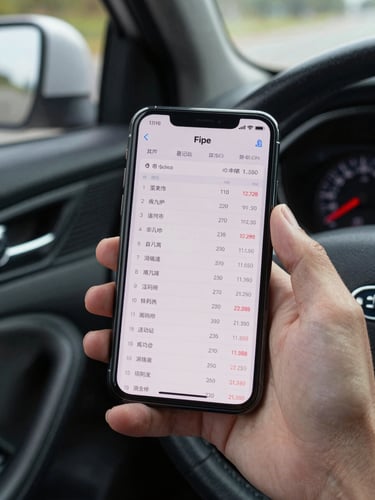 Close-up of a smartphone screen showing a live Fipe pricing table with vehicle model data, held in a hand over a car dashboard, natural daylight from the side window, data clearly readable on screen