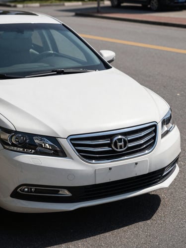 Close-up front three-quarter view of a clean used sedan on a sunlit outdoor lot, natural daylight, asphalt surface, no people, sharp detail on grille and headlights
