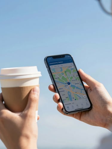 Close-up of hands holding a coffee cup and a smartphone displaying a digital itinerary, bright midday sun, high contrast, vibrant true-to-life colors.