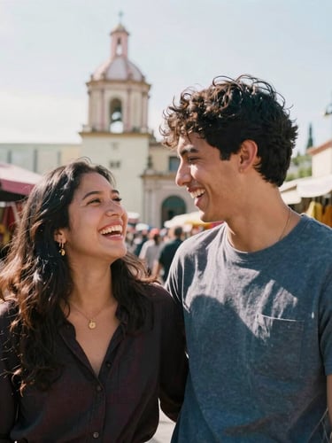 Candid portrait of a young couple laughing together at an outdoor market in Oaxaca, natural warm sunlight, colorful background, 35mm photography