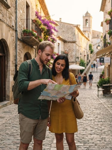 Wide environmental shot of Manu and Rosmi looking at a map on a cobblestone street in Europe, natural golden hour lighting, 35mm, ample negative space.