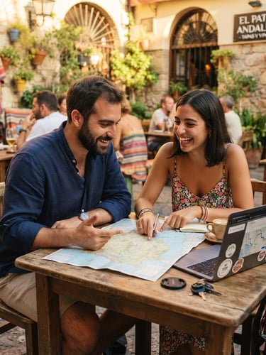 Manu and Rosmi sitting at a rustic wooden table in a sunny outdoor cafe in Spain, reviewing a physical paper map and a laptop, warm natural golden hour light, candid interaction, 35mm photography