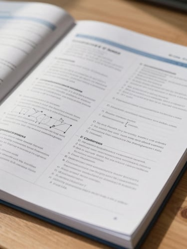 Close-up of a structured printed syllabus and course workbook on a clean wooden table, natural morning light, sharp focus on academic diagrams.