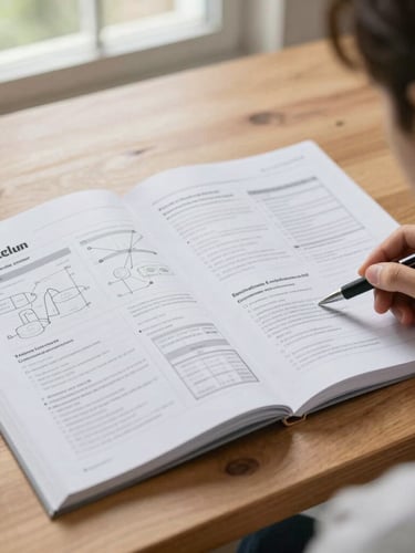 Over-the-shoulder view of a printed curriculum workbook open on a wooden table, showing structured diagrams, clear typography, and a pen resting on the page under natural window light.