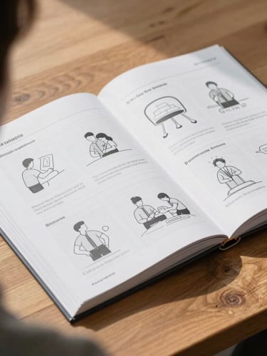 An over-the-shoulder view of an open, structured physical workbook on a wooden table, showing clear diagrams of behavioral habits, bright natural daylight.