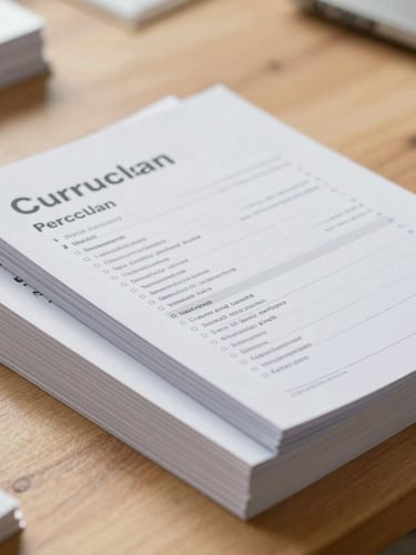 A close-up of printed curriculum manuals and lesson guides stacked neatly on a clean wooden workshop table, bright natural daylight