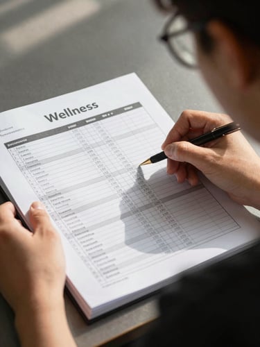 Over-the-shoulder view of a student analyzing a structured wellness workbook with clear data tables and behavioral charts, natural morning light