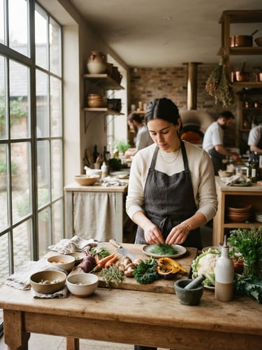 Cozy Scandinavian-style restaurant interior, raw ingredients on prep tables, soft natural window light, muted earthy tones, 35mm film.
