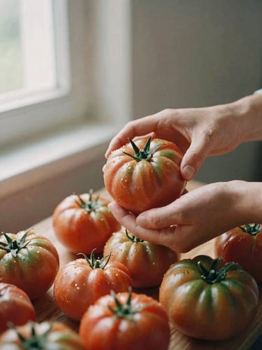 Hands harvesting fresh organic heirloom tomatoes in a sunlit field, soft side-shadows, muted earthy tones, 35mm film.