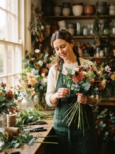 Medium-close environmental portrait of a local florist arranging seasonal stems under soft natural window light, 35mm editorial style