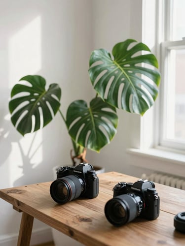 Cozy minimalist creative studio in Brooklyn, warm natural window light, a large lush Monstera plant in the corner casting soft shadows, rustic wooden desk, professional camera gear, 35mm photography