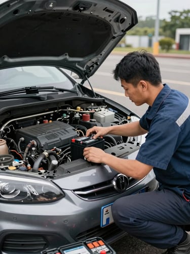 Medium environmental shot of a technician kneeling beside an open engine bay in a parking lot, installing a new battery, overcast daylight, service kit visible on the ground, direct documentary framing