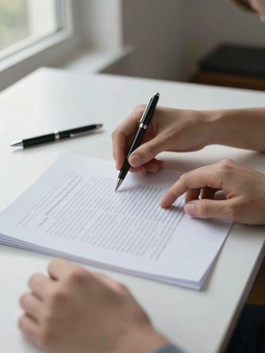 Close-up of hands at a desk turning pages of a printed document, a pen resting nearby, soft natural daylight from a window to the left, clean white paper surface, calm and focused work atmosphere