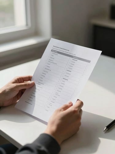 Close-up of hands holding a printed document with plan comparison columns, natural window light from the left casting a soft shadow on the table surface, a pen resting beside the paper, calm and focused composition with generous negative space to the right