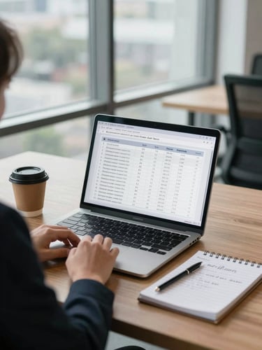Environmental shot of a consultant's desk seen from a visitor's angle — laptop open to a comparison table, notebook with handwritten notes, coffee cup to the side, even daylight from a wide office window, no people visible, calm professional setting