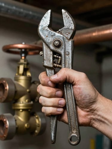 Close-up of a weathered hand gripping a pipe wrench on a brass gate valve, shot tight in available basement light, steel and copper pipes visible in the background, no flash, gritty and real