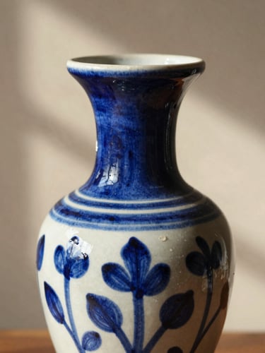Close-up of a hand-painted Talavera ceramic vase, warm natural sunlight, soft plaster background, rich cobalt blue and clay tones, shallow depth of field, 35mm