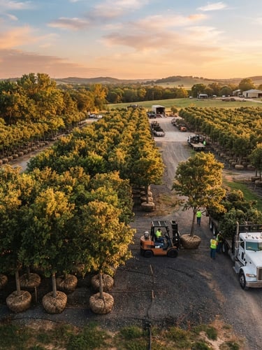 Wide shot of a premium wholesale tree nursery in Oklahoma during golden hour, rows of mature oaks with burlap-wrapped root balls ready for flatbed transport, warm earthy tones.