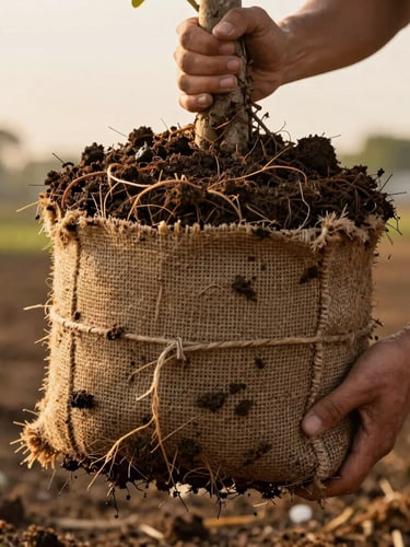 Close-up of a healthy tree root ball wrapped in burlap, damp dark soil visible, nursery worker hands holding the sturdy trunk, warm golden hour lighting.