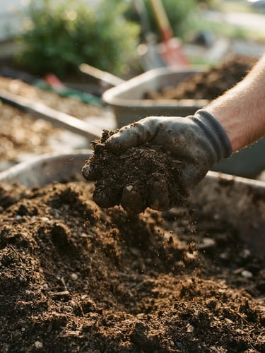 Close-up of rich dark engineered soil being handled by a commercial landscaper, morning grit, warm earthy tones, 35mm