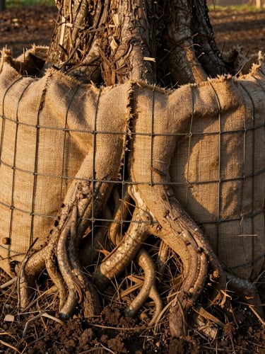 Close-up detail of a massive healthy tree root ball wrapped in clean burlap and secured with heavy-duty wire basket, sitting on dark rich soil, natural morning light.