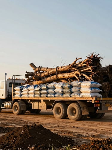 A heavy-duty flatbed truck loaded with large root-balled trees and bulk bags of dark soil, parked on an Oklahoma commercial job site, crisp morning light, 35mm