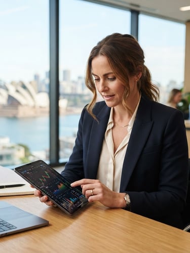 Professional Australian accountant in a modern, light-filled office, focused on a tablet displaying financial data, with a subtle Australian cityscape in the background, editorial medium-close up.