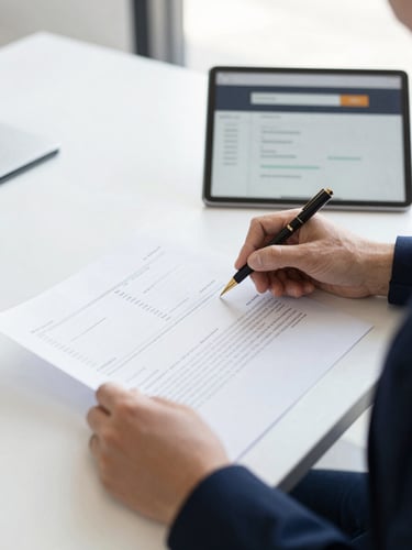 Close-up of hands interacting with financial documents and a digital portal on a tablet in a modern, light-filled office, soft side-lighting, focus on precision and detail.