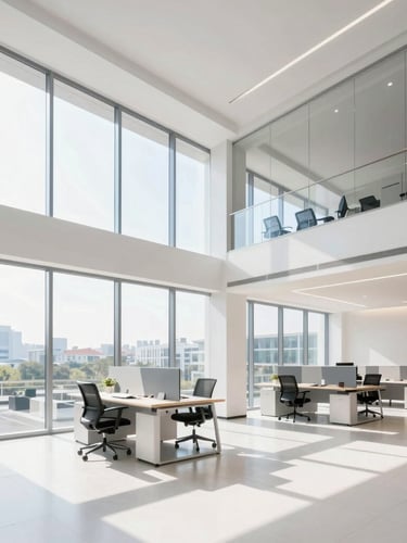 Bright modern office interior with large windows, clean architectural lines, professional workspace, sunlit morning daylight