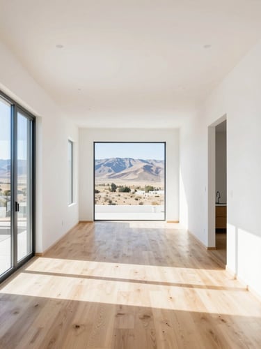 Bright architectural interior of a modern sunlit home in Utah, clean white walls, natural oak floors, high-key daylight