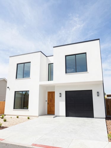 Bright architectural photography of a modern Utah home exterior, high-key natural daylight, clean sky, wide-angle lens