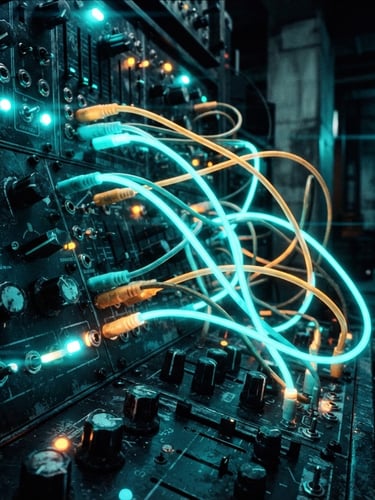 Extreme close-up of industrial synthesizer hardware, glowing modular cables, dark urban concrete under harsh neon cyan lighting, anamorphic lens, cinematic photography