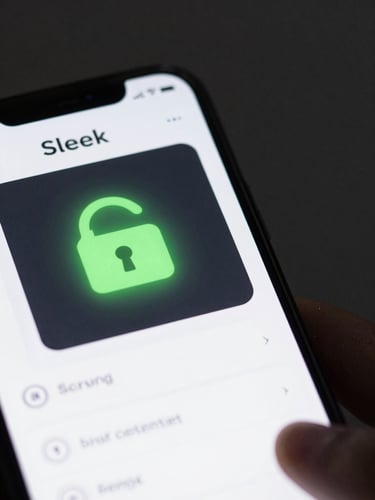 Sleek mobile phone interface showing a secure database dashboard, glowing neon green lock icon, dark charcoal background, high contrast, studio lighting.