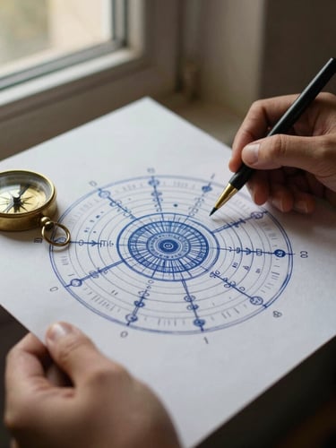 Close-up photograph of hands holding a hand-drawn kundli chart on textured paper, warm side-lighting from a window, brass compass resting nearby, shallow depth of field, 35mm